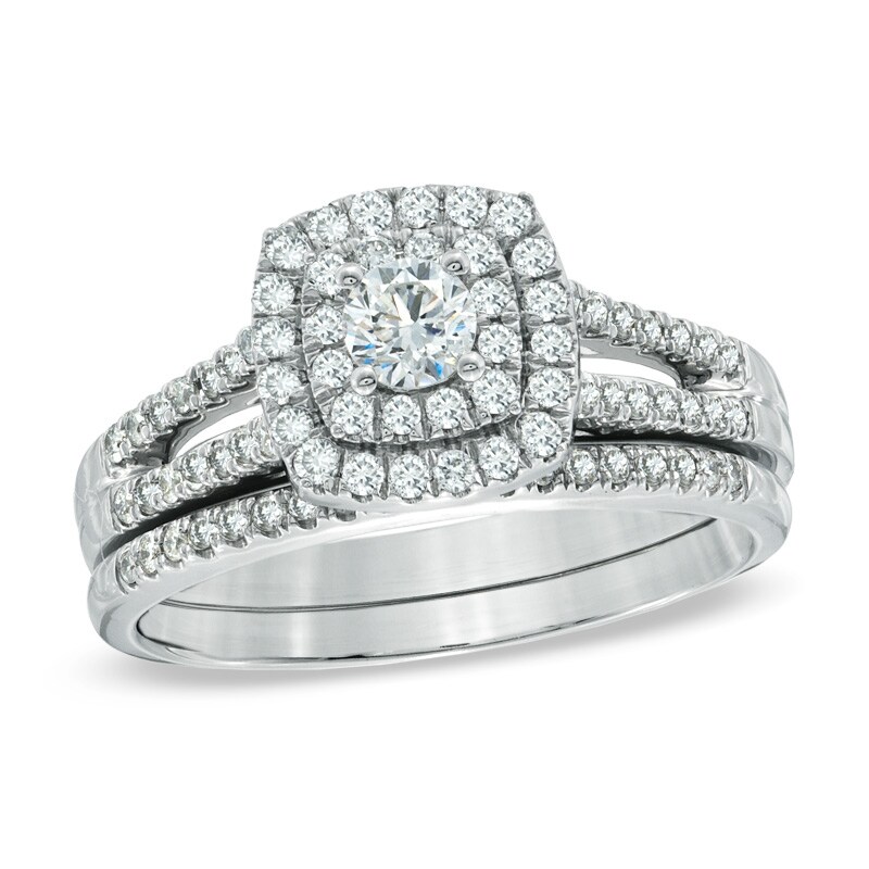 Main Image 1 of Previously Owned - 3/4 CT. T.W. Diamond Double Frame Split Shank Bridal Set in 14K White Gold