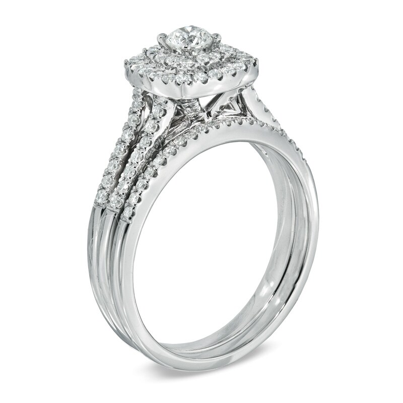 Main Image 2 of Previously Owned - 3/4 CT. T.W. Diamond Double Frame Split Shank Bridal Set in 14K White Gold