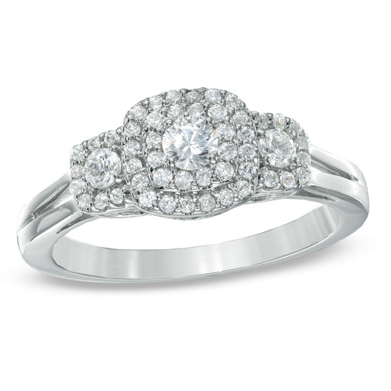 Main Image 1 of Previously Owned - 1/2 CT. T.W. Diamond Double Frame Three Stone Ring in 10K White Gold