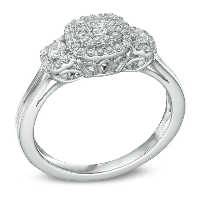 Main Image 2 of Previously Owned - 1/2 CT. T.W. Diamond Double Frame Three Stone Ring in 10K White Gold