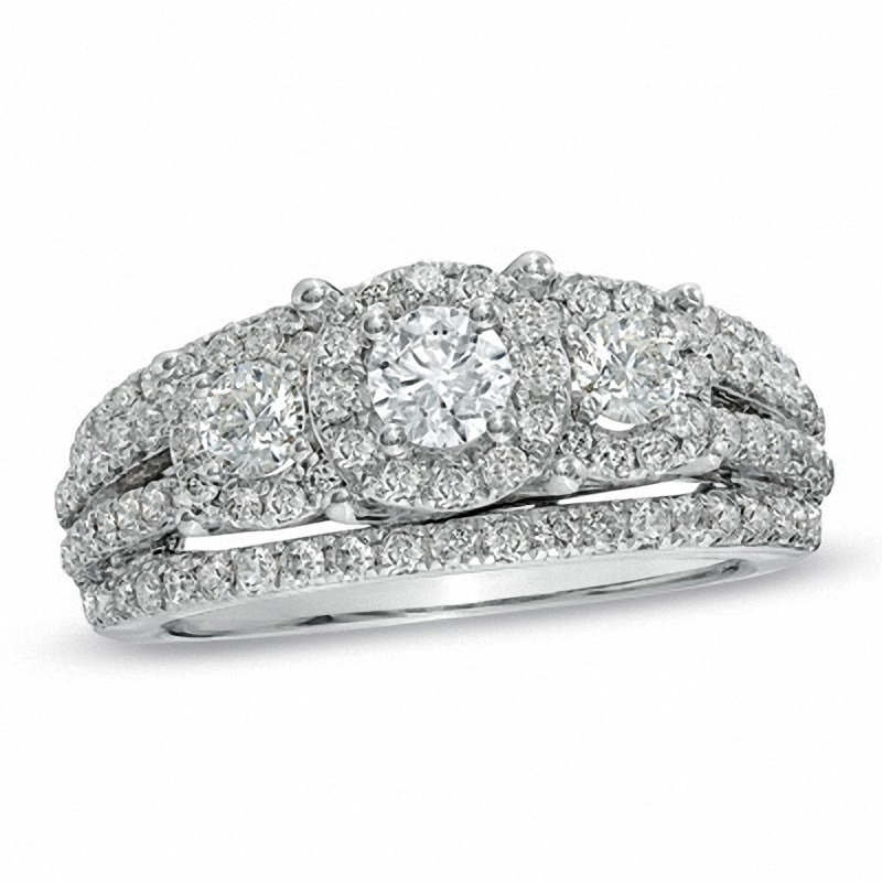 Previously Owned - 1-1/2 CT. T.W. Diamond Three Stone Multi-Row Ring in 14K White Gold