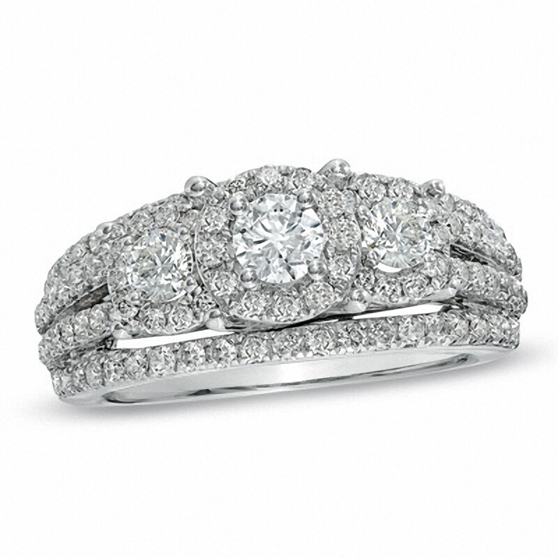 Main Image 1 of Previously Owned - 1-1/2 CT. T.W. Diamond Three Stone Multi-Row Ring in 14K White Gold
