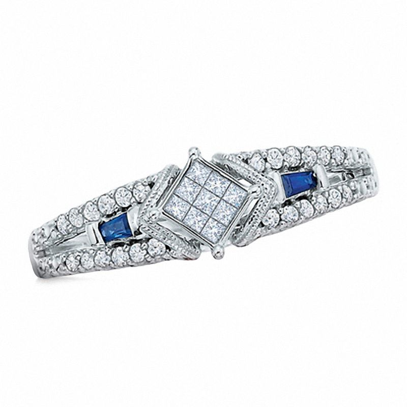 Previously Owned - Cherished Promise Collection™ 1/5 CT. T.W. Princess-Cut Diamond and Sapphire Ring in 10K White Gold