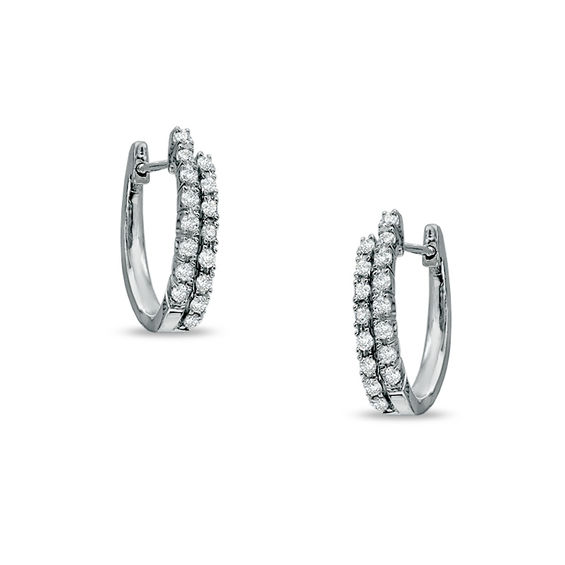 Previously Owned - 1/5 CT. T.W. Diamond Double Row Hoop Earrings in 10K White Gold Previously Owned - 1/5 CT. T.W. Diamond Double Row Hoop Earrings in 10K White Gold