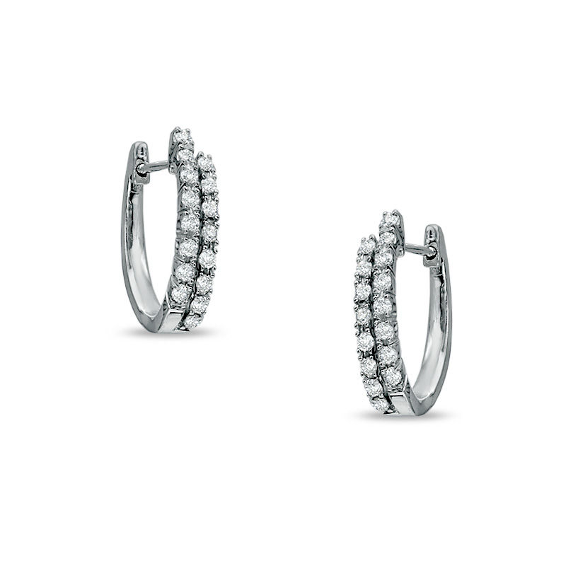 Previously Owned - 1/5 CT. T.W. Diamond Double Row Hoop Earrings in 10K ...