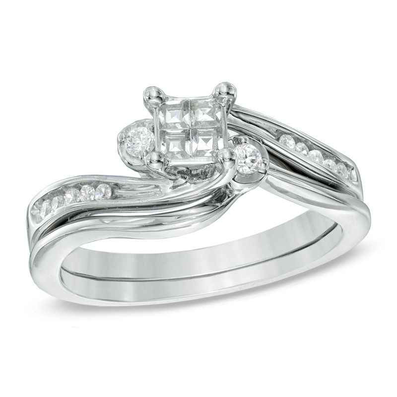 Previously Owned - 1/4 CT. T.W. Quad Princess-Cut Diamond Swirl Bridal Set in 10K White Gold