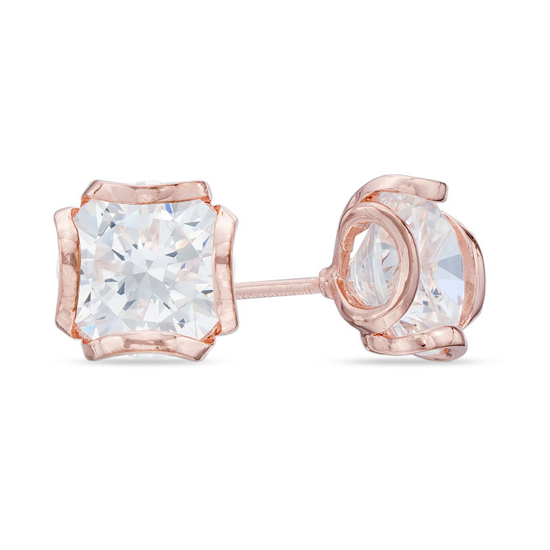 Main Image 1 of Previously Owned - 8.0mm Lab-Created White Sapphire Solitaire Stud Earrings in Sterling Silver with 18K Rose Gold Plate
