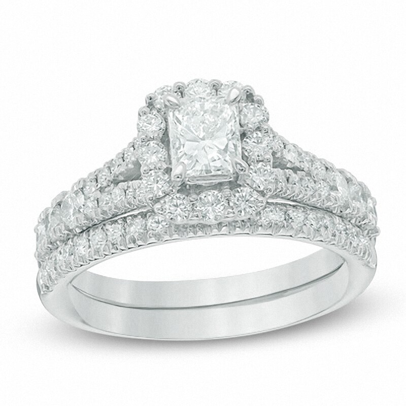Previously Owned - 1-1/2 CT. T.W.  Radiant-Cut Diamond Bridal Set in 14K White Gold (I/I1)