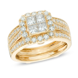 Previously Owned - 1-1/2 CT. T.W. Quad Princess-Cut Diamond Frame Bridal Set in 14K Gold