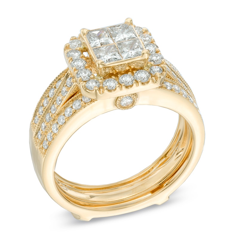 Main Image 2 of Previously Owned - 1-1/2 CT. T.W. Quad Princess-Cut Diamond Frame Bridal Set in 14K Gold