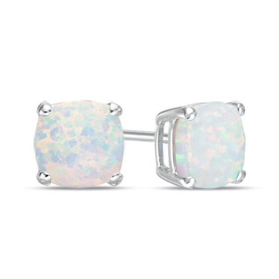 Previously Owned - 6.0mm Cushion-Cut Lab-Created Opal Stud Earrings in 10K White Gold Previously Owned - 6.0mm Cushion-Cut Lab-Created Opal Stud Earrings in 10K White Gold