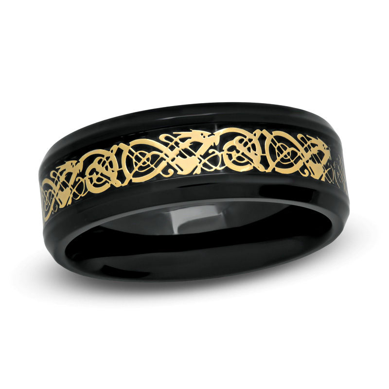 Main Image 1 of Previously Owned - 8.0mm Two-Tone Stainless Steel Filigree Inlay Comfort Fit Wedding Band