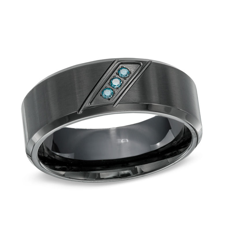 Previously Owned - Men's 6.0mm Enhanced Blue Diamond Accent Black IP Stainless Steel Comfort Fit Wedding Band