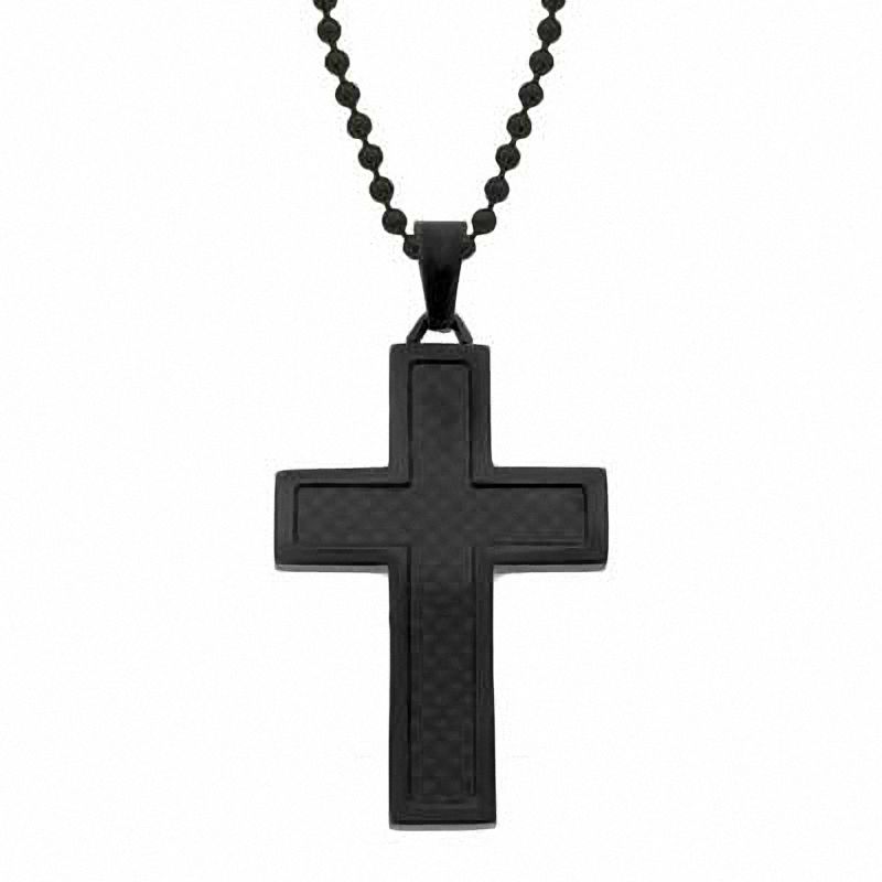 Main Image 1 of Previously Owned - Men's Carbon Fiber Cross Pendant in Black IP Stainless Steel - 22"