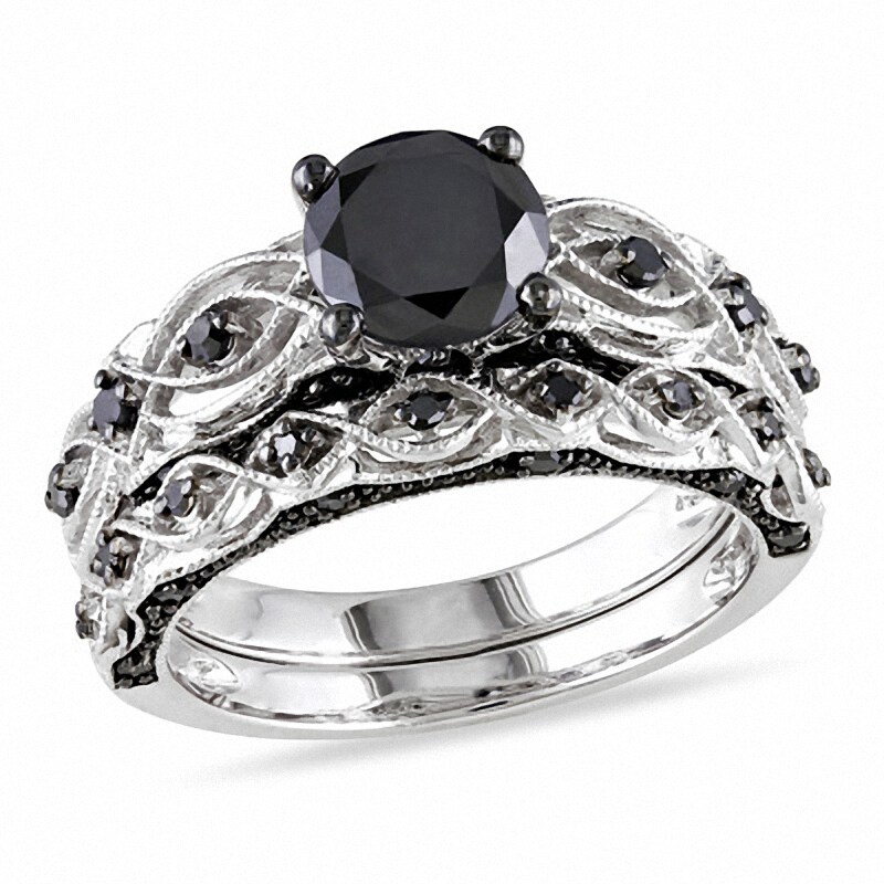 Main Image 1 of Previously Owned - 1-3/8 CT. T.W. Black Diamond Vintage-Style Bridal Set in 10K White Gold