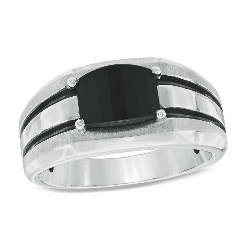 Previously Owned - Men's Barrel-Cut Onyx Comfort Fit Ring in Sterling Silver
