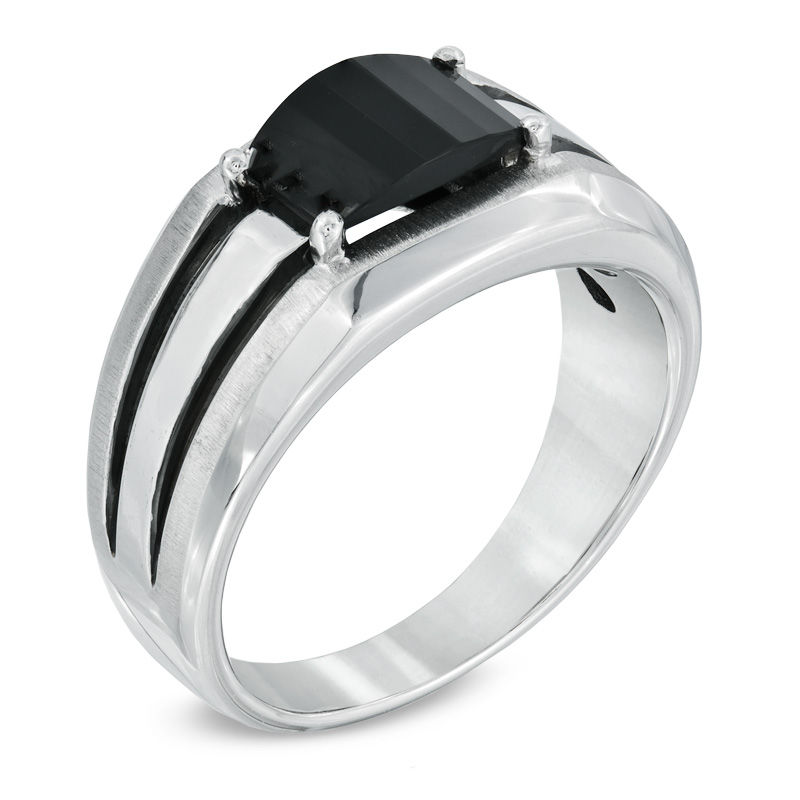 Previously Owned - Men's Barrel-Cut Onyx Comfort Fit Ring in Sterling Silver