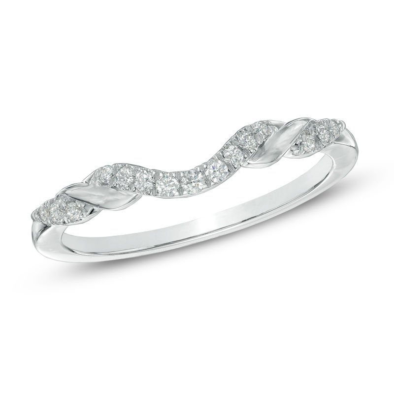 Previously Owned - 1/8 CT. T.W. Diamond Ribbon Wrapped Contour Wedding Band in 14K White Gold