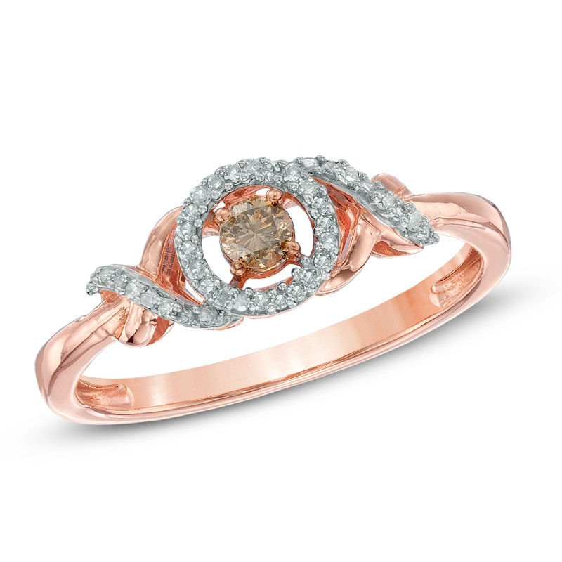 Previously Owned - 1/6 CT. T.W. Champagne and White Diamond Open Frame Cross Sides Ring in 10K Rose Gold