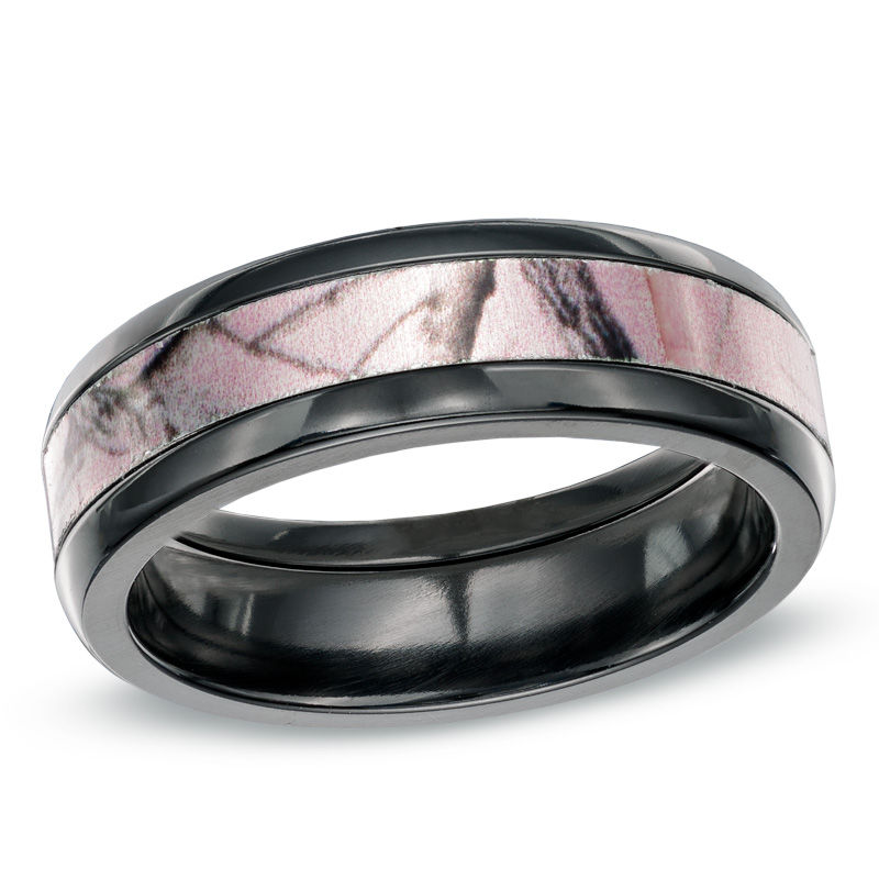 Main Image 1 of Previously Owned - Ladies' 6.0mm Realtree AP® Pink Camouflage Inlay Comfort Fit Black Zirconium Wedding Band