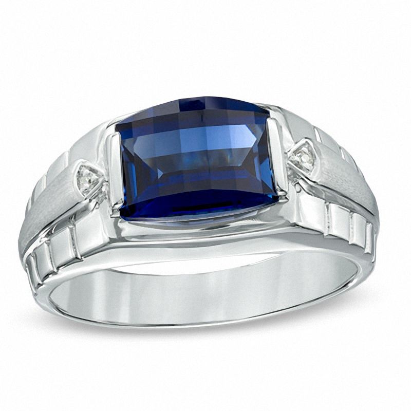 Previously Owned - Men's Barrel-Cut Lab-Created Blue Sapphire and Diamond Accent Ring in Sterling Silver