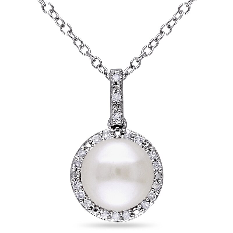 Previously Owned - 8.0 - 8.5mm Button Cultured Freshwater Pearl and 1/10 CT. T.W. Diamond Frame Pendant
