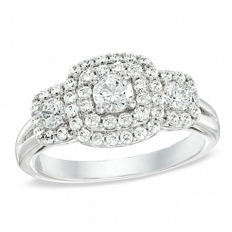 Previously Owned - 1 CT. T.W. Diamond Double Cushion Frame Three Stone Ring in 10K White Gold