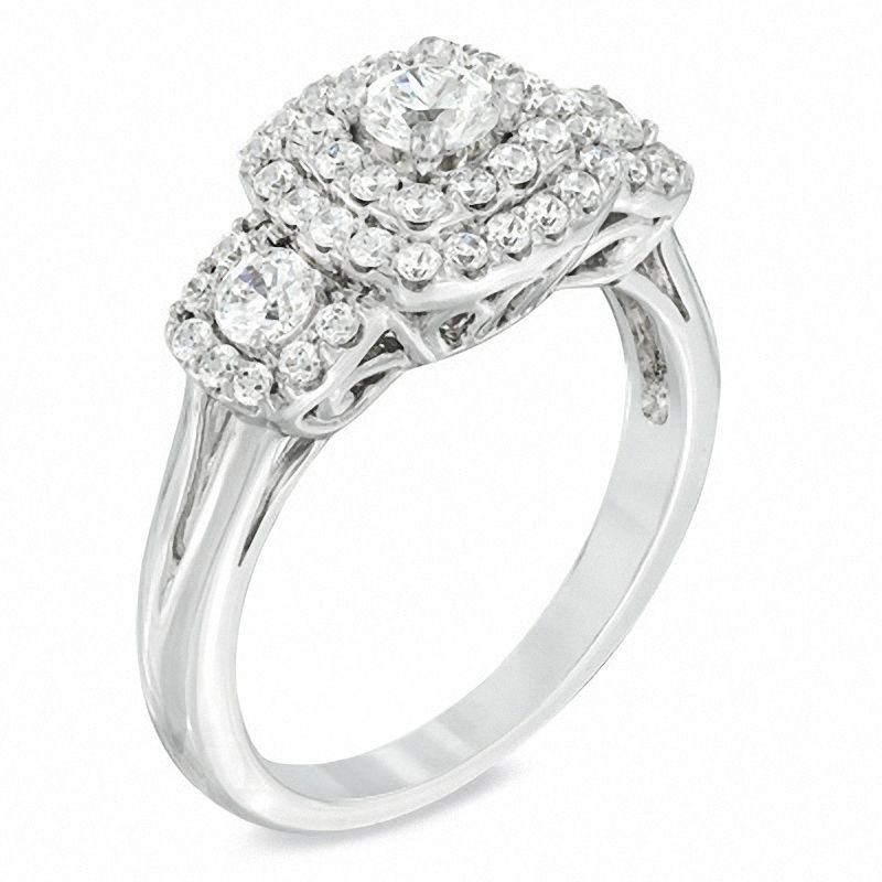Previously Owned - 1 CT. T.W. Diamond Double Cushion Frame Three Stone Ring in 10K White Gold