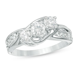 Previously Owned - 1 CT. T.W. Diamond Three Stone Slant Engagement Ring in 14K White Gold