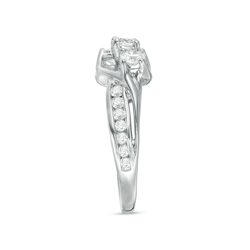 Previously Owned - 1 CT. T.W. Diamond Three Stone Slant Engagement Ring in 14K White Gold