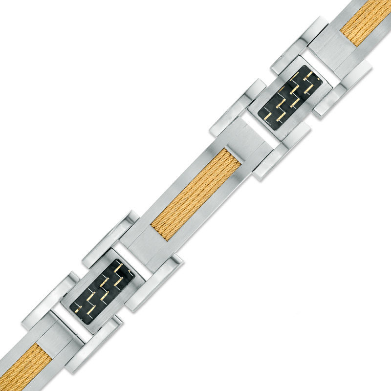 Previously Owned - Men's Carbon Fiber and Cable Link Bracelet in Two-Tone Stainless Steel - 8.5"
