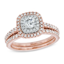 Previously Owned - 1 CT. T.W. Diamond Double Frame Bridal Set in 14K Rose Gold