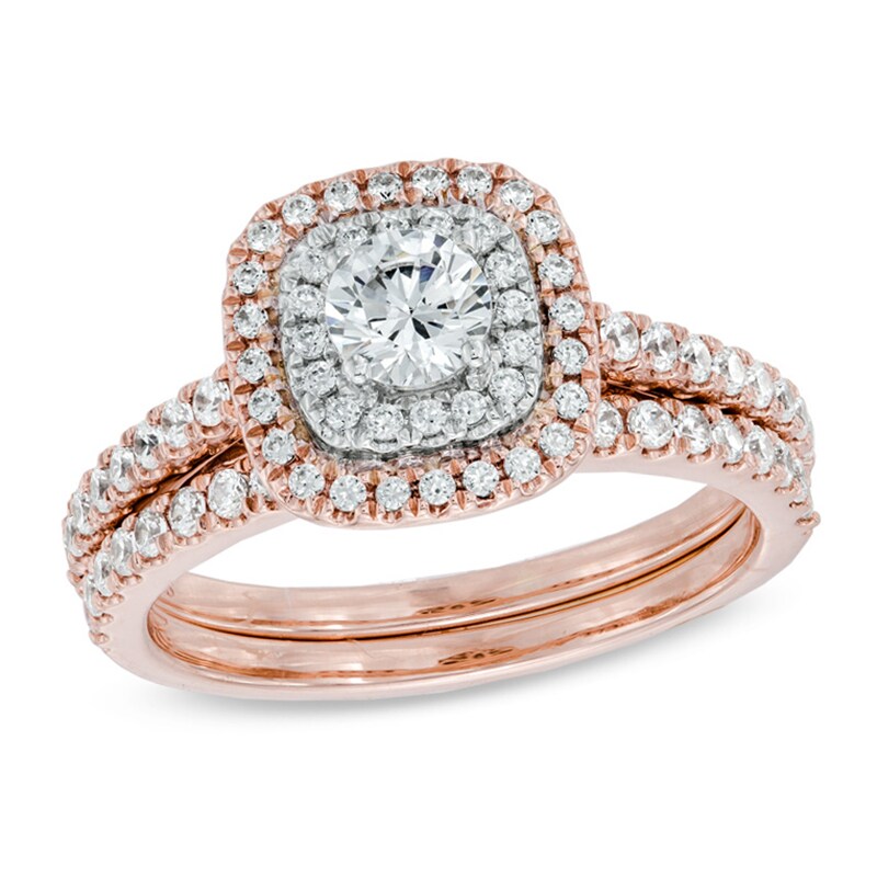 Main Image 1 of Previously Owned - 1 CT. T.W. Diamond Double Frame Bridal Set in 14K Rose Gold