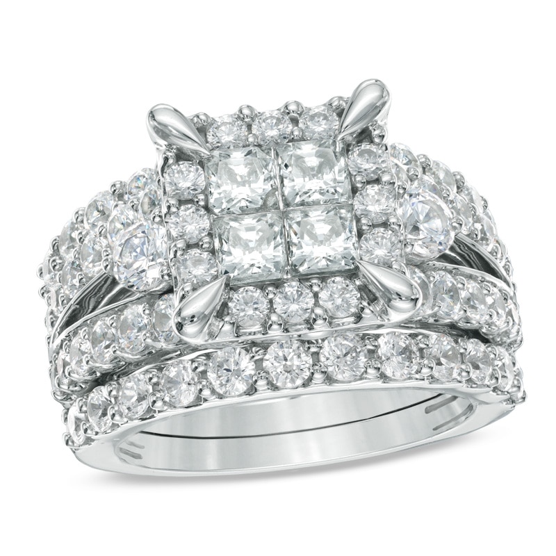 Main Image 1 of Previously Owned - 4 CT. T.W. Quad Princess-Cut Diamond Frame Bridal Set in 14K White Gold
