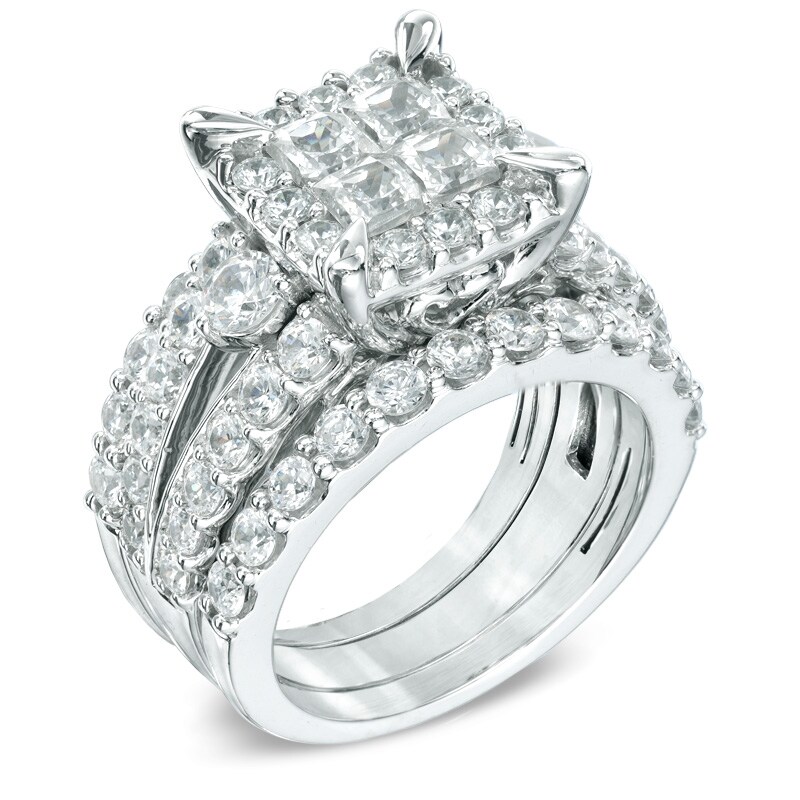 Main Image 2 of Previously Owned - 4 CT. T.W. Quad Princess-Cut Diamond Frame Bridal Set in 14K White Gold