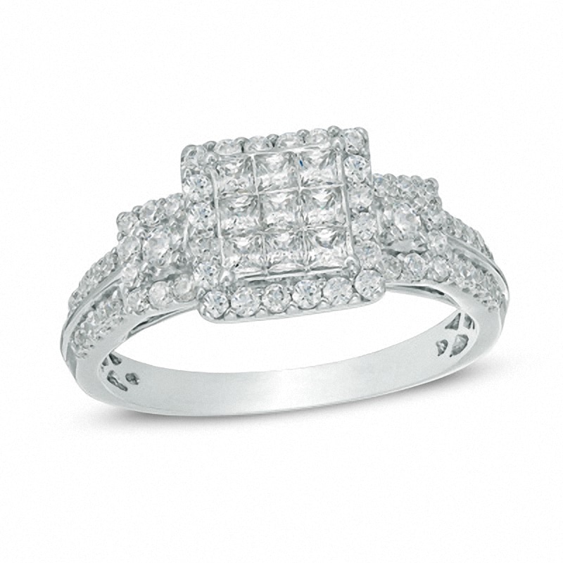 Main Image 1 of Previously Owned - 3/4 CT. T.W. Princess-Cut Composite Diamond Three Stone Engagement Ring in 10K White Gold