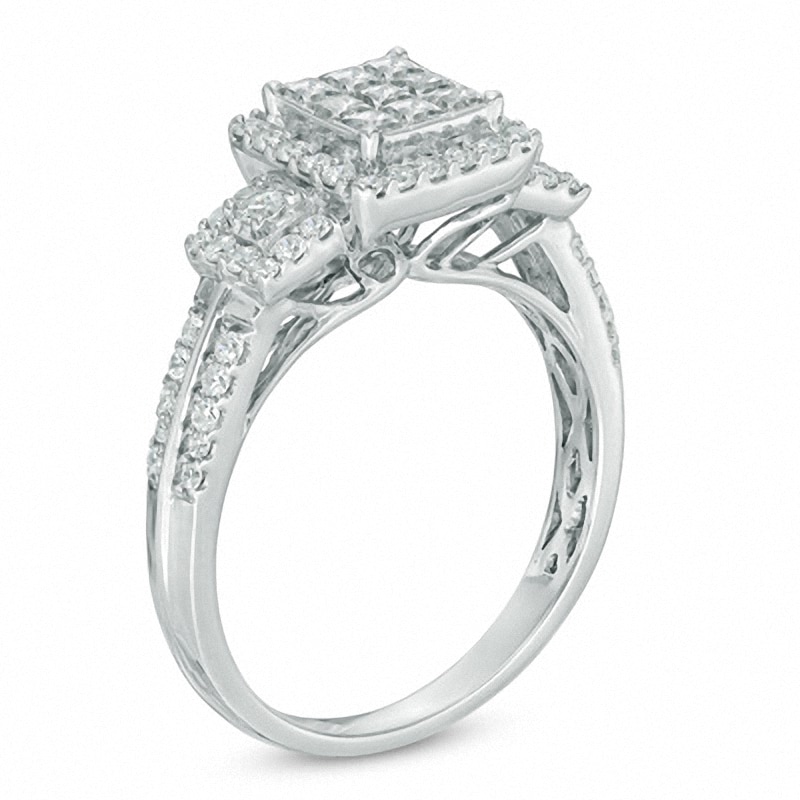 Main Image 2 of Previously Owned - 3/4 CT. T.W. Princess-Cut Composite Diamond Three Stone Engagement Ring in 10K White Gold