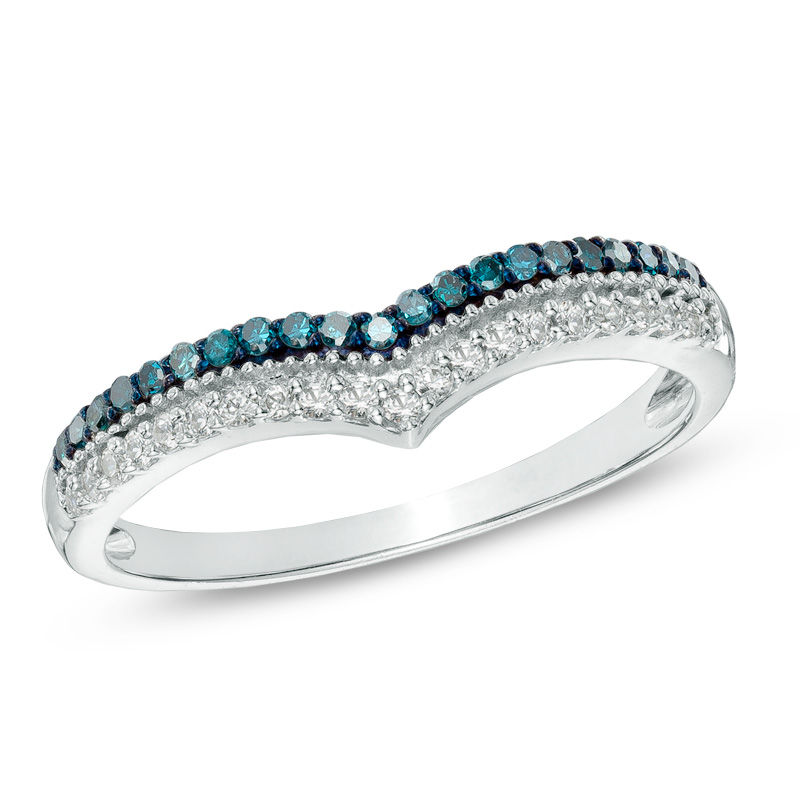 Main Image 1 of Previously Owned - 1/4 CT. T.W. Enhanced Blue and White Diamond Double Row Contour Band in 10K White Gold