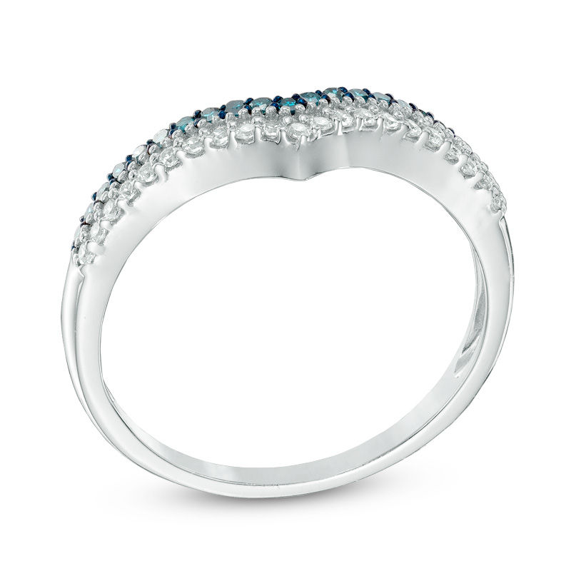 Main Image 2 of Previously Owned - 1/4 CT. T.W. Enhanced Blue and White Diamond Double Row Contour Band in 10K White Gold