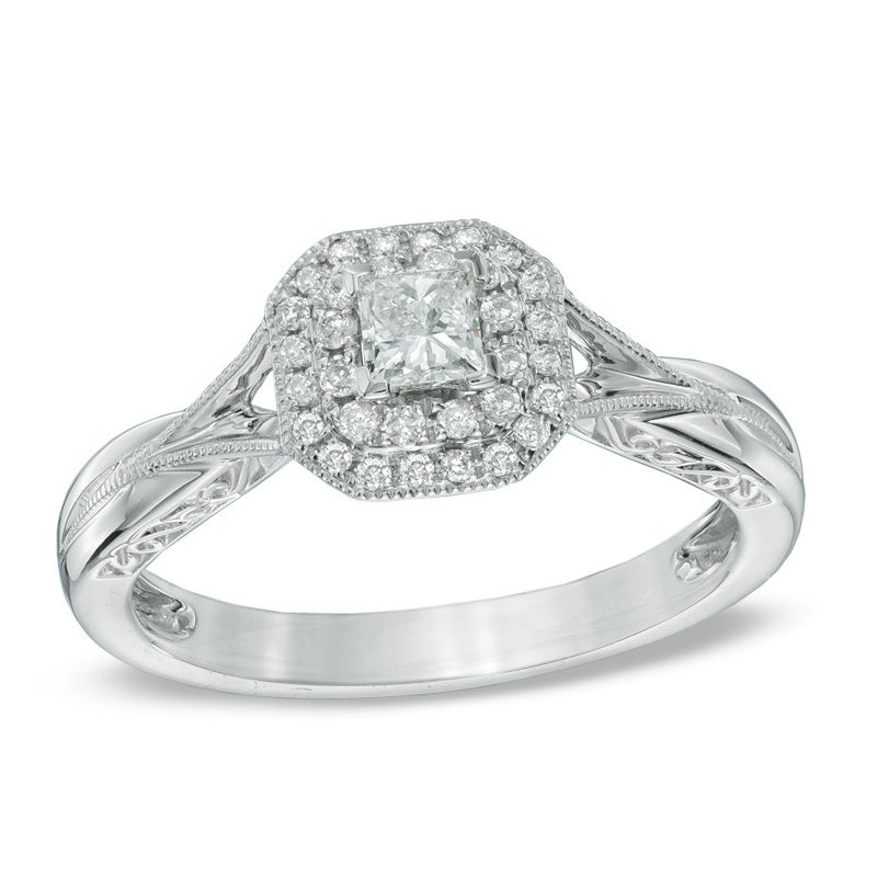 Previously Owned - 1/3 CT. T.W. Princess-Cut Diamond Frame Vintage-Style Engagement Ring in 10K White Gold