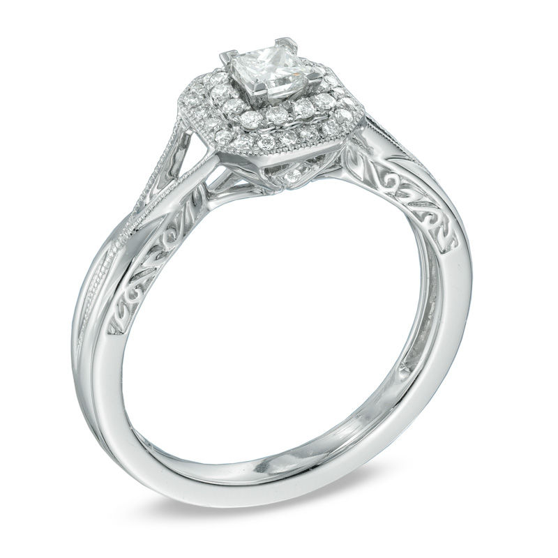 Previously Owned - 1/3 CT. T.W. Princess-Cut Diamond Frame Vintage-Style Engagement Ring in 10K White Gold
