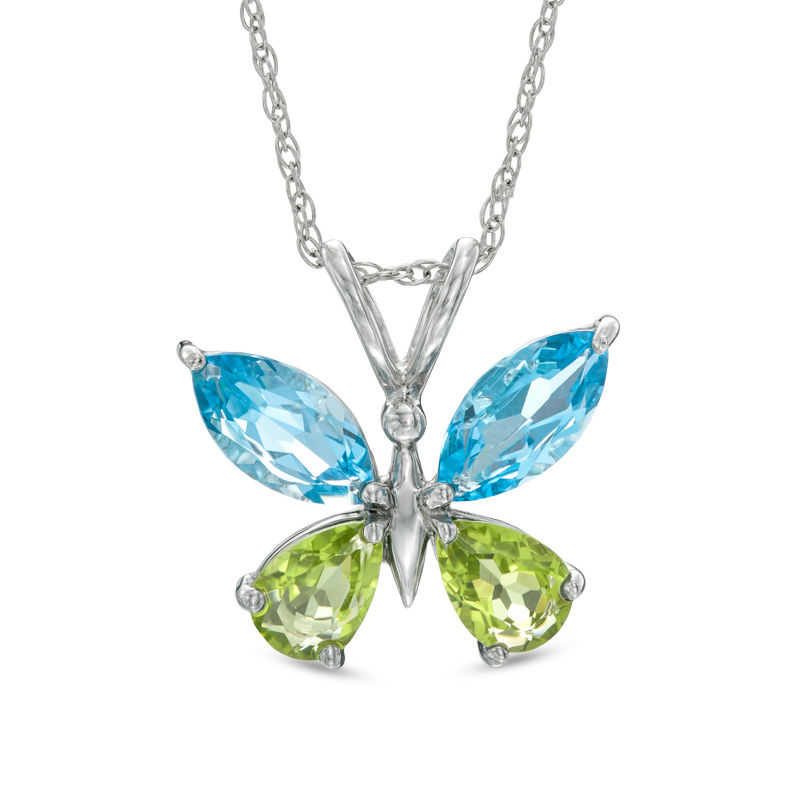 Main Image 1 of Previously Owned - Marquise-Cut Swiss Blue Topaz and Pear-Shaped Peridot Butterfly Pendant in Sterling Silver