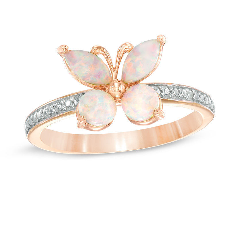 Main Image 1 of Previously Owned - Lab-Created Pink Opal and White Sapphire Butterfly Ring in Sterling Silver with 18K Rose Gold Plate