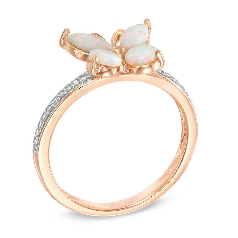 Main Image 2 of Previously Owned - Lab-Created Pink Opal and White Sapphire Butterfly Ring in Sterling Silver with 18K Rose Gold Plate