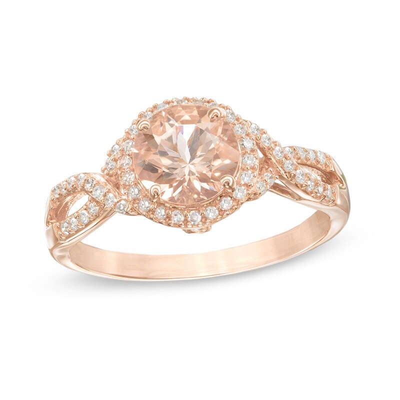 Main Image 1 of Previously Owned - 7.0mm Morganite and 1/6 CT. T.W. Diamond Frame Twist Ring in 10K Rose Gold