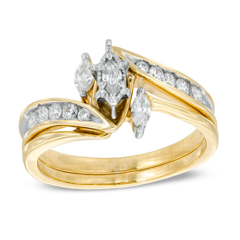 Main Image 1 of Previously Owned - 1/2 CT. T.W. Marquise Diamond Three Stone Slant Bridal Set in 10K Gold