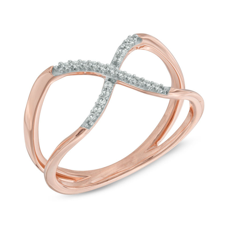 Main Image 2 of Previously Owned - Lab-Created White Sapphire "X" Split Shank Ring in Sterling Silver and 14K Rose Gold Plate