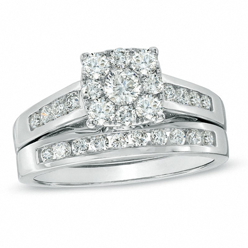 Main Image 1 of Previously Owned - 1 CT. T.W. Diamond Square Cluster Bridal Set in 14K White Gold