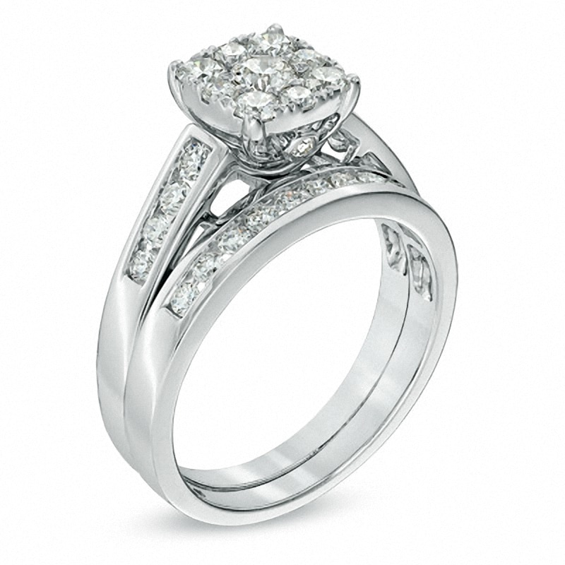 Main Image 2 of Previously Owned - 1 CT. T.W. Diamond Square Cluster Bridal Set in 14K White Gold