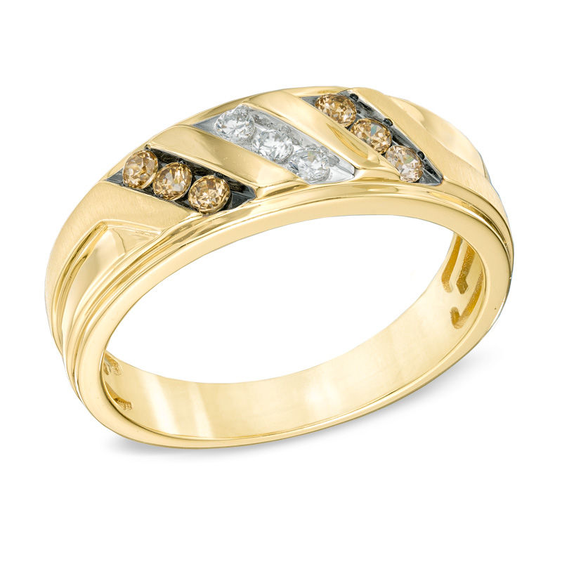 Previously Owned - Men's 1/3 CT. T.W. Champagne and White Diamond Slant Ring in 10K Gold